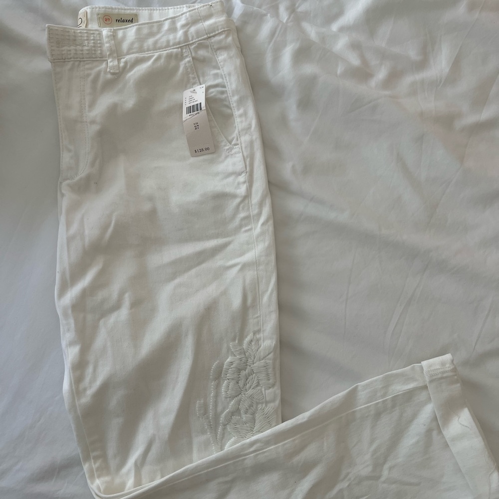Anthropologie white chino pants with floral design